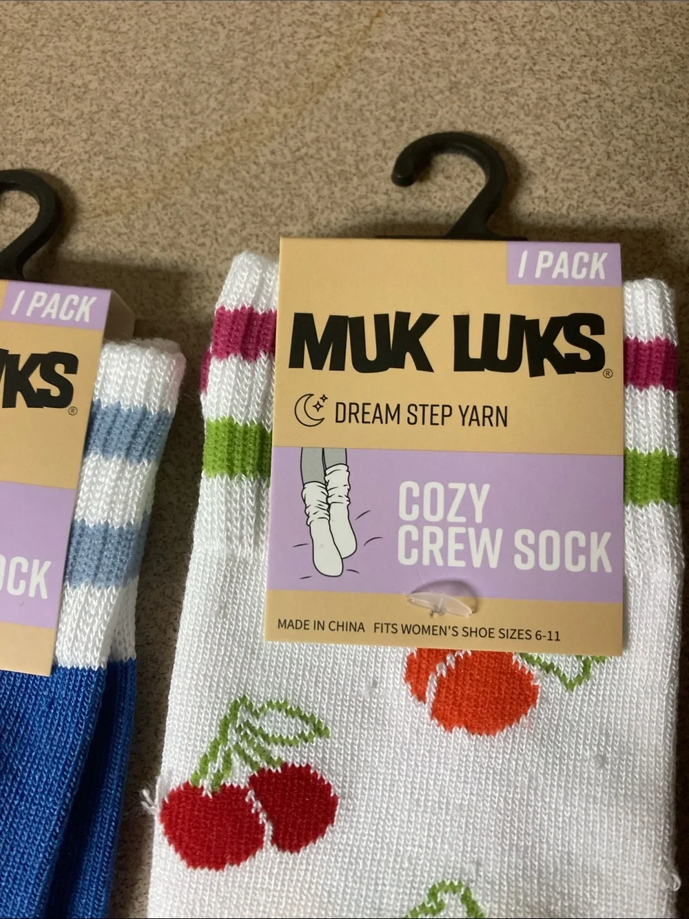 Muk Luks Two-Pack Cozy Crew Socks - Blue Floral & White Fruit